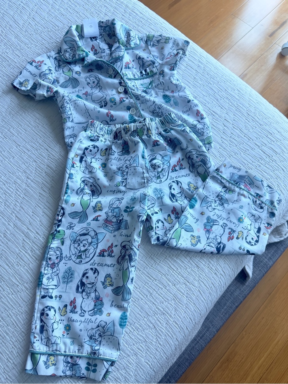 Disney Girls White and Teal Character Print Pajama Set